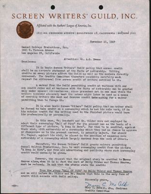 Mary C. McCall Jr., 1947 signed letter Screen Writers' Guild credits committee