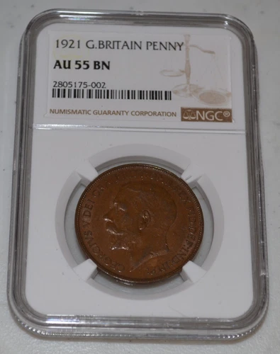 1921 Copper Penny from Great Britain graded by NGC as AU 55 BN
