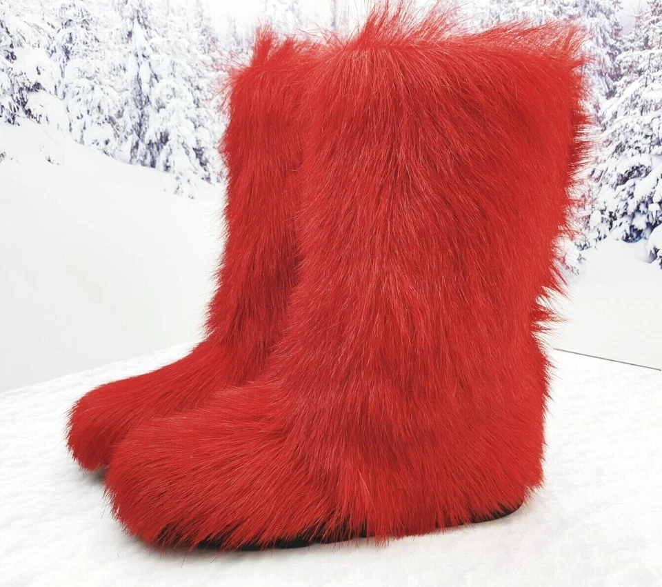 Botas de invierno de piel de cabra roja para mujer, botas de nieve, moutons, botas peludas para mujer Foto 4 de 4