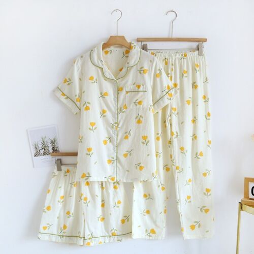 Set pigiama donna 3 pezzi 100% garza cotone stampato pigiama manica corta pigiama - Foto 15 di 29