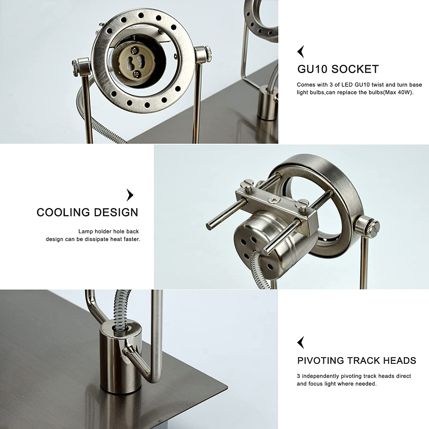 DLLT 4-Light Adjustable Track Lighting Fixture - GU10 Bulbs Included, Nickel Steel, Flush Mount