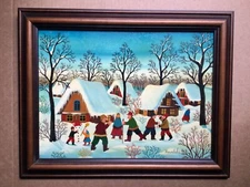 PRIMITIVE WINTER VILLAGE By listed Hungary - Hungarian Artist A. Kowalski (1926-
