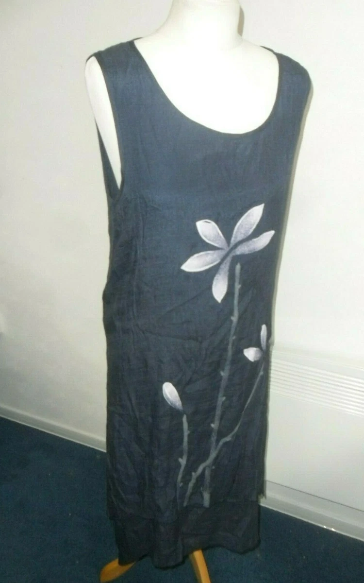 Two Layer Lined Shift Linen Dress Blue Floral Print BNWT 14