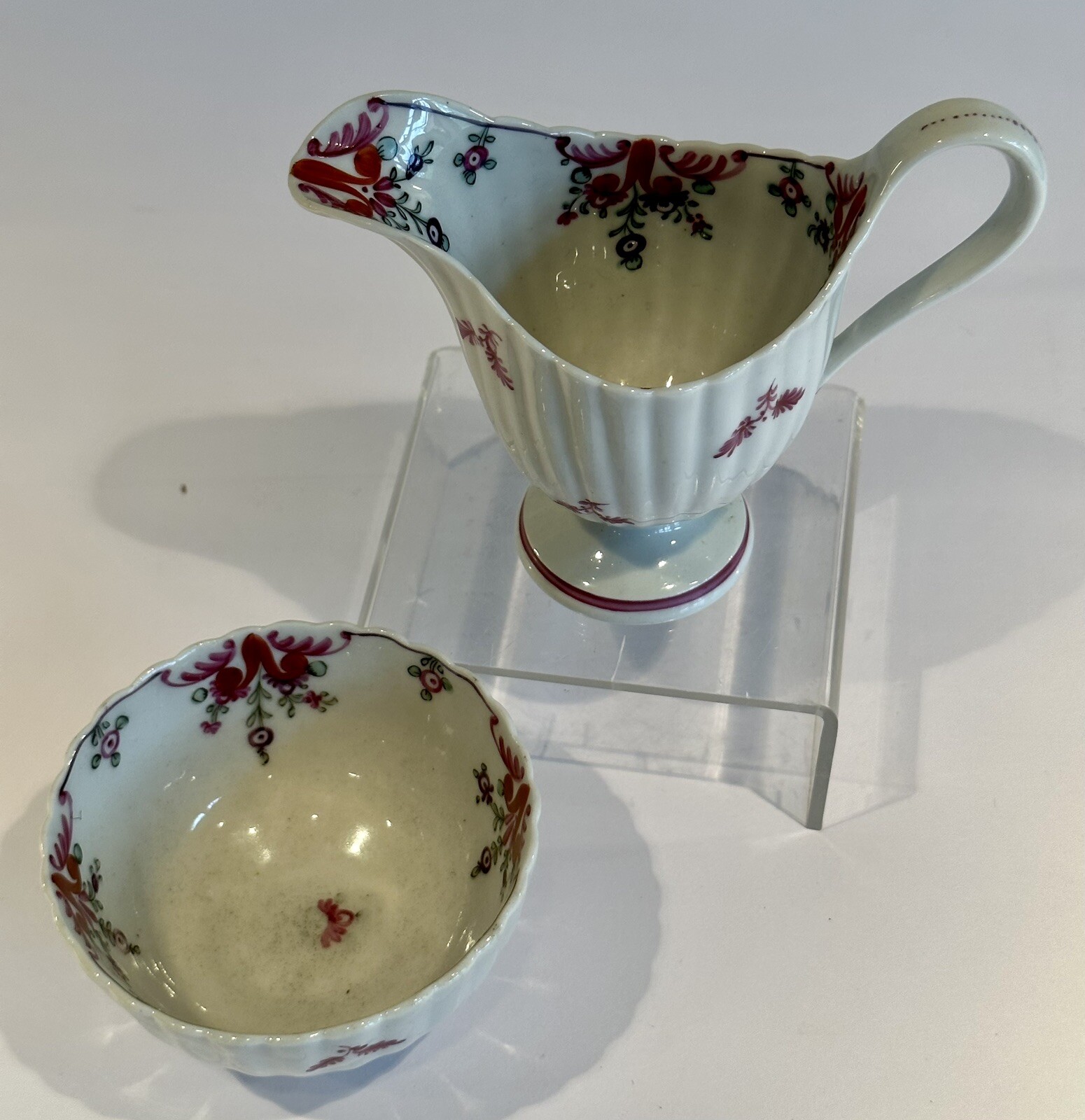 New Hall Floral Hand Painted Fluted Tea Bowl Creamer Cream Jug 1790's