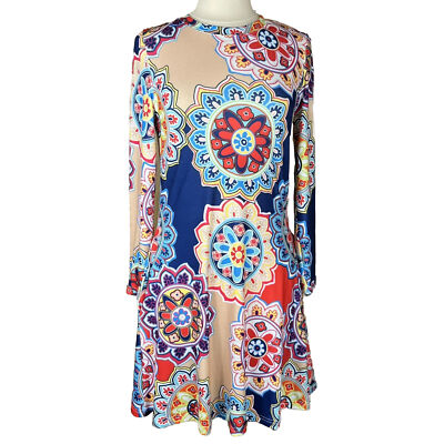 Zesica (Size S) Multicolor Midi Floral Long Sleeve Boho Hippie Dress Groovy