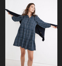 Madewell Womens Small Blue Plaid Gauze Ruffle-Trimmed Mini Dress