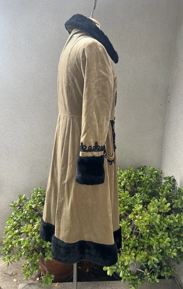Vtg 60s Bohemian Coat Faux Suede Leather Fur S/M Tan Black - Image 4 of 4