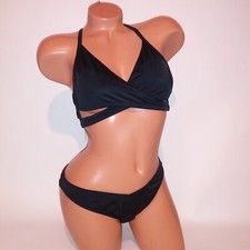 Victoria Secret PINK Swim Bikini Top  Bottom Black Solid Wrap Halter V Cut New