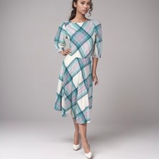 80s Teal & Lilac Plaid Wool Dress | Puff Sleeve Cottagecore Pastel Aesthetic | S