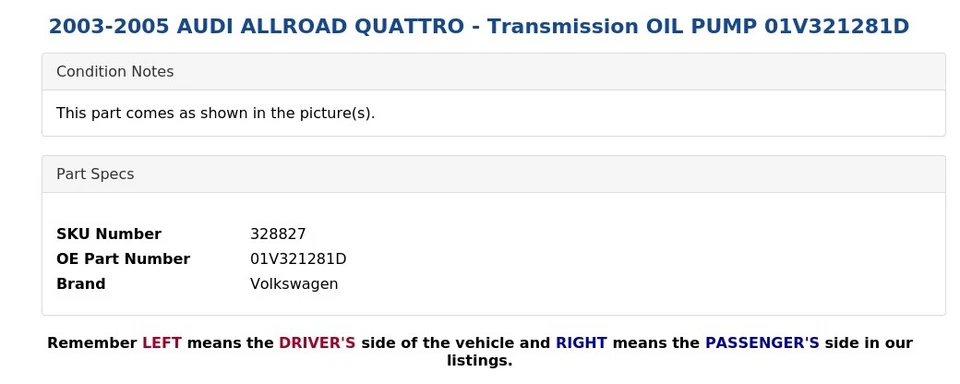 2003-2005 AUDI ALLROAD QUATTRO - Transmission OIL PUMP 01V321281D - Image 3 of 4