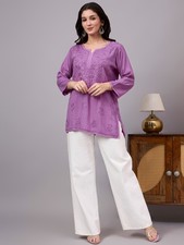 Women's Rayon Chikankari Short Kurta Lavender, Lucknowi Chikankari, Handwork