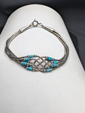 VTG STERLING Liquid Silver 6-STRAND BRACELET Blue Turquoise TUBE BEAD WOVEN