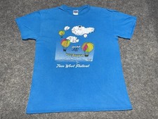TAOS Wool Festival 2014 Blue Cotton Hot Air Balloon Shirt NM Medium Clouds Sheep
