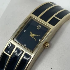 Charming Charlie Watch Women Gold Tone Black Enamel Look Cuff New Battery 7"