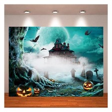 Halloween Photo Backdrop Watercolor Pumpkin Pumpkin Scary Graveyard Castle Night