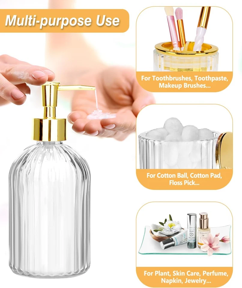 Gold Bathroom Accessories Set, 4Pcs Clear Glass Bathroom Accessory Sets Complete - Image 2 of 4