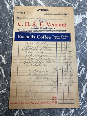 VINTAGE DOCUMENT RECEIPT BUSHELLS VEARING AVENEL TEA 1940s CAFE ART COFFEE PROP
