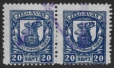 LETONIA: Sellos de ingresos de Jelgava, par horizontal de 20 Sant. Valores, Usado