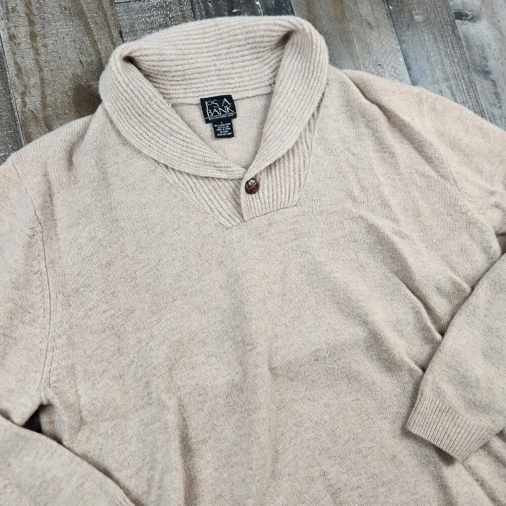 Jos A Bank Sweater Mens size L Large Lambs Wool Shawl Collar Long Sleeve