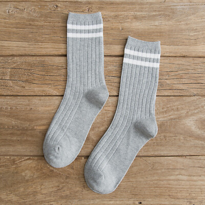 Women Men Cotton Athletic Sports Crew Socks Striped Over Ankle Casual Classic