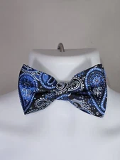 Men's Black & Blue Floral Paisley With Silver Bow Tie Adjustable Wedding Fashion