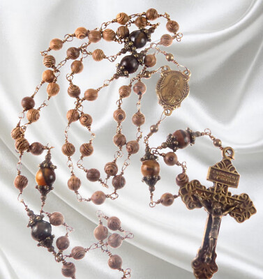 Unbreakable Handmade Catholic Rosary Natural Wood Beads and Tiger Eye Beads