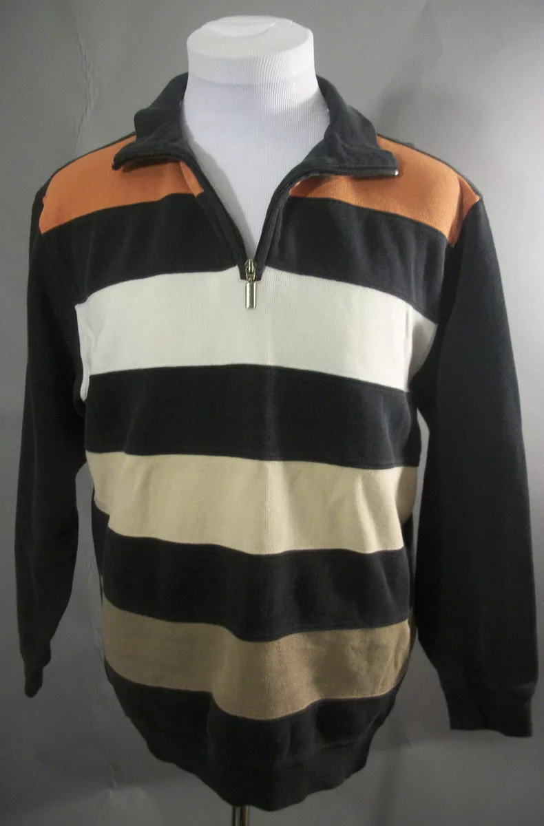 KITARO Men s Size L Large 1 4 Zip Striped Long Sleeve Cotton Polo Shirt