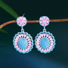 Silver Plated CZ Pink Blue Dangle Drop Earring for Women Charming Flower Jewelry