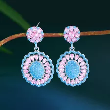 Silver Plated CZ Pink Blue Dangle Drop Earring for Women Charming Flower Jewelry