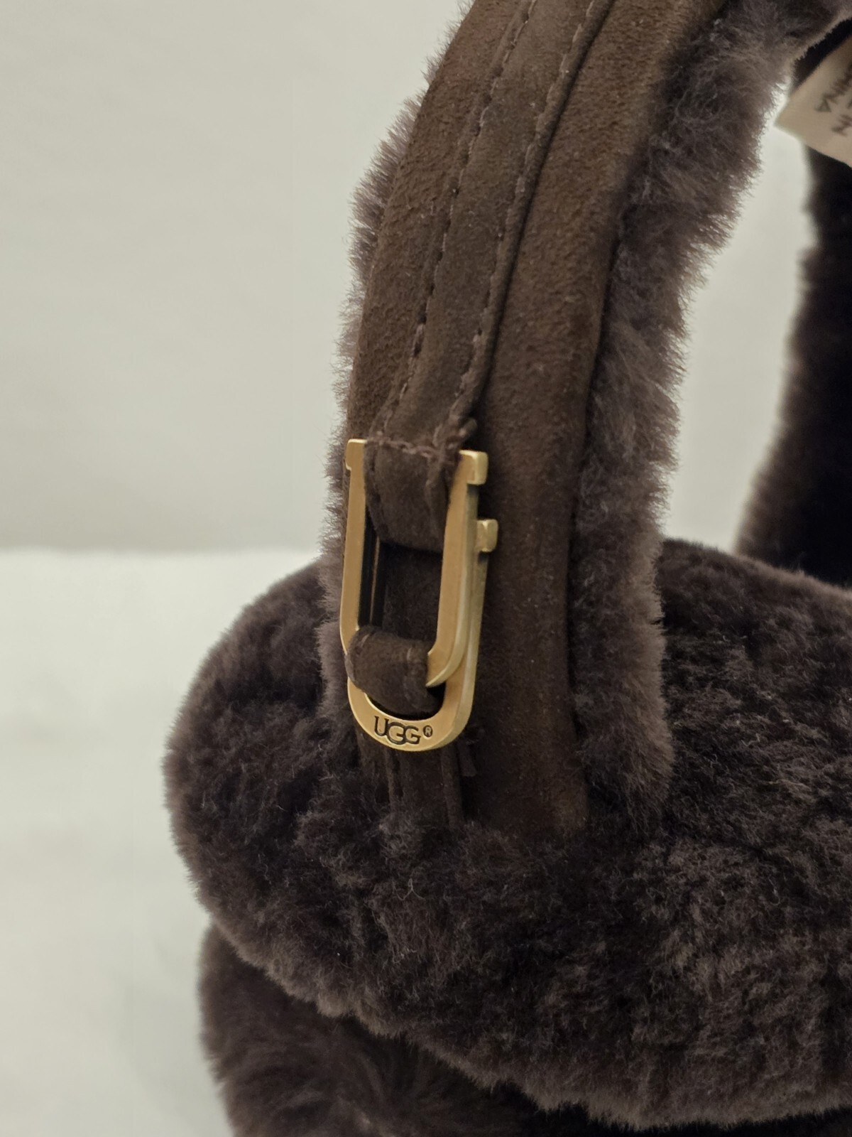 UGG Shearling Sheepskin Earmuffs Brown Real Fur Dyed Gold Accent Women's 