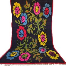 Vintage Handmade Moroccan Wool Black Rug Red Pink Floral Fringe Statement Carpet