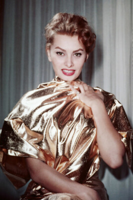 sophia loren gold dress Sophia Loren with Italian fashion designer Emilio Schuberth. Photo by Pierluigi Praturlon, Rome, 1955. : r/fashionhistory