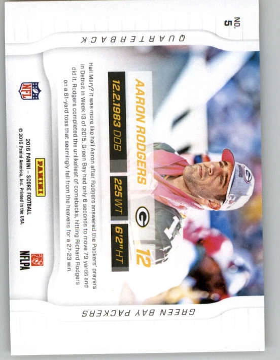 2016 Score Sidelines Gold #5 Aaron Rodgers (ref 149849) - Image 2 of 2