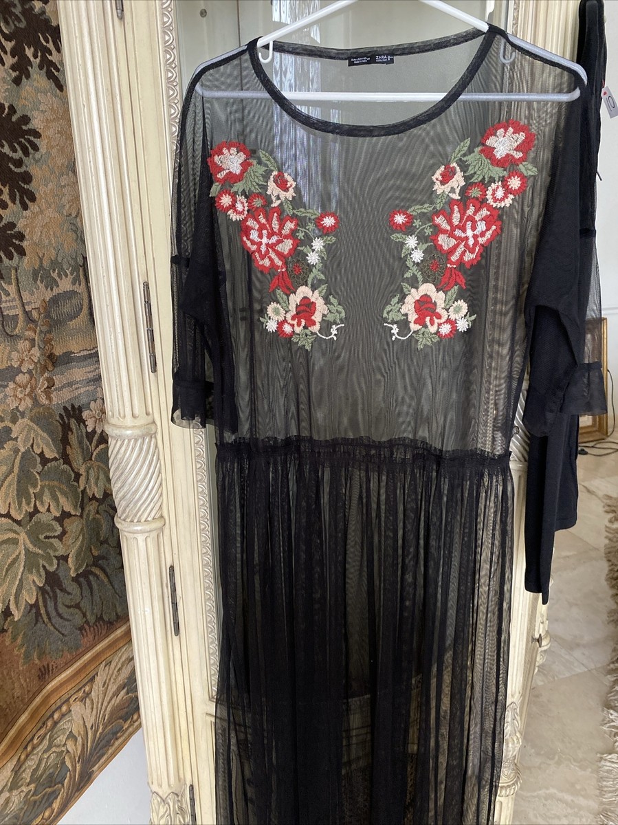Zara Embroidered Long Dress Sheer Mesh 3/4 Sleeve Size M Made In India NEW