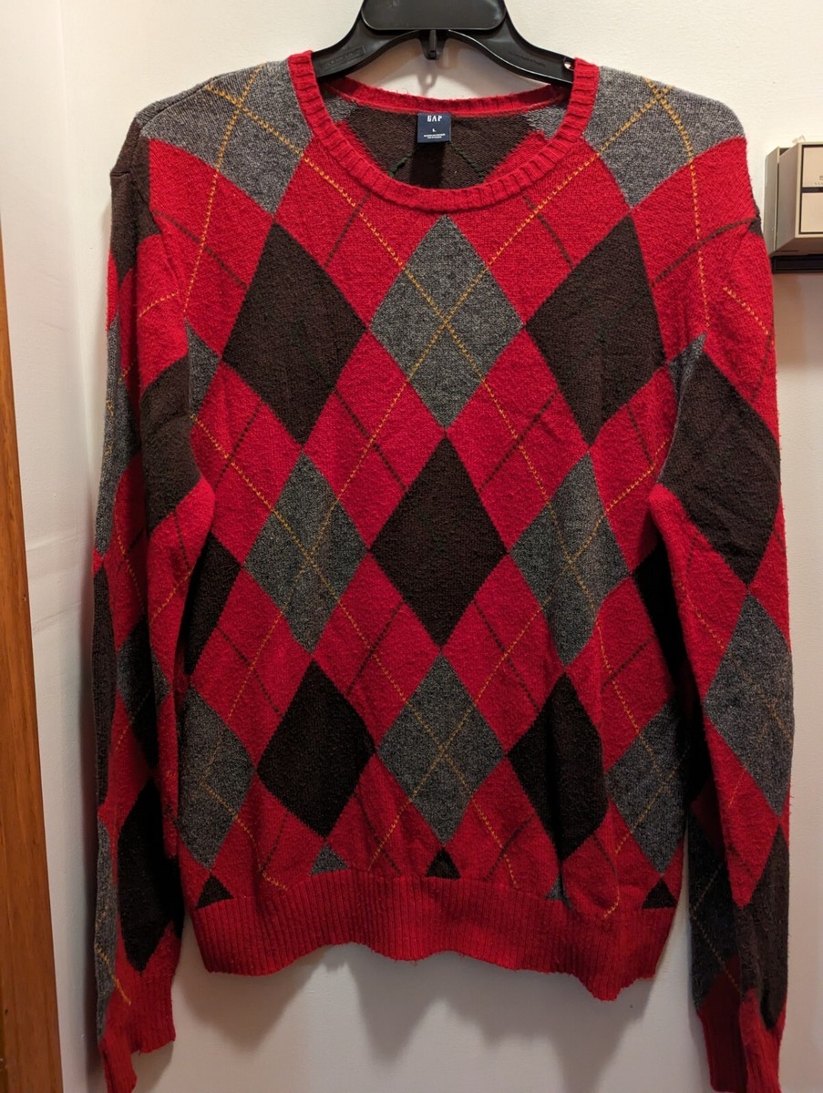 Gap Men's Large Argyle Red Round Neck Wool Blend Sweater