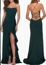 La Femme Emerald Green Lace-Up Back Side-Ruffle Satin Gown Size 4 Orig 368