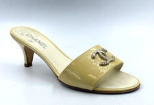CHANEL Y2K Patent Leather  Mules Silver CC Logo Butter Yellow Kitten Heels 38 8