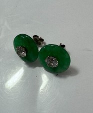 Natural Green Grade A Authentic Burmese Jadeite Jade Disk and Cubic Zir Earrings