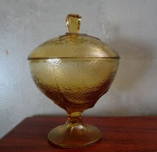 Hazel Atlas Pebbletone Amber Covered Candy Dish MCM