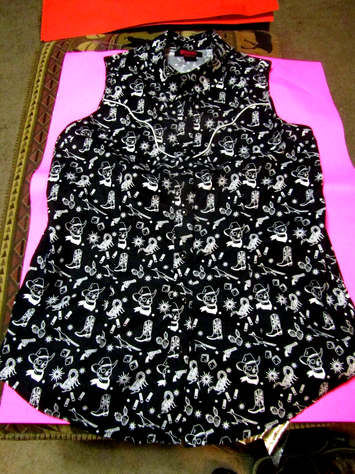 Rock and Roll Denim woman shirt cowboy western yoke skulls guns spurs boots XL