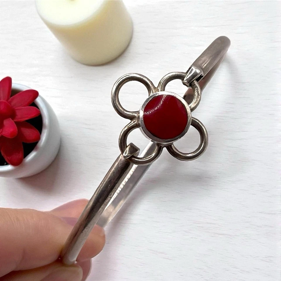 Brazalete Brazalete Taxco Natural Coral Rojo Flor Remolino 925 Esterlina Bisagras, 7" Foto 2 de 4