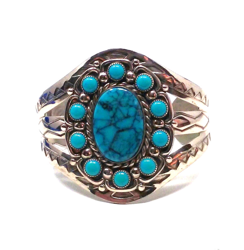 Vintage Bell Trading Post Nickel Silver Simulated Turquoise Cuff Bracelet Size 7