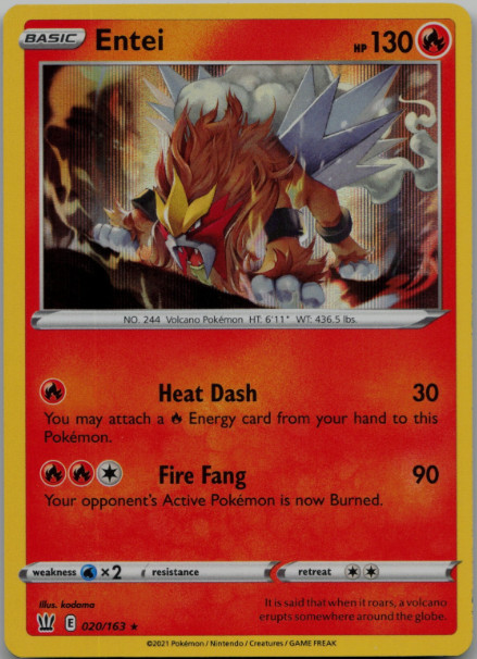 Pokemon - ENTEI - 020/163 - Holo Rare - Battle Styles - NM/M