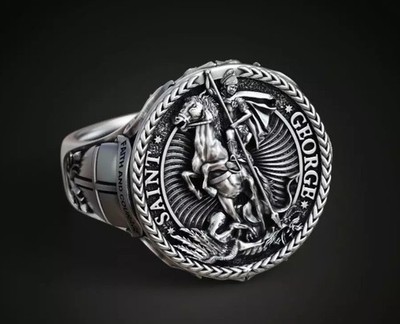 925 Sterling Silver Saint George Dragon Ring Mens Religious Signet Ring
