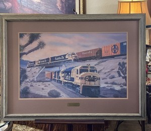 VINTAGE SANTA FE TRAINS ADVERTISEMENT LARGE FRAMED PAINTING /PRINT FOGG 41”x31” 
