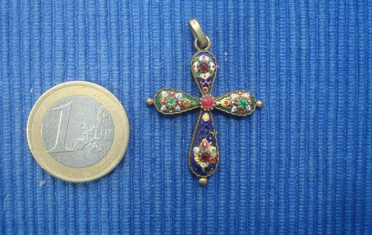 Petite Croix Ancienne En Argent Massif Vermeil - Émaux Bressans - Occasion, Déjà Portée
