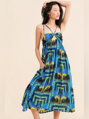 Anthropologie Incerti midi dress small bandeau strappy blue black cat print