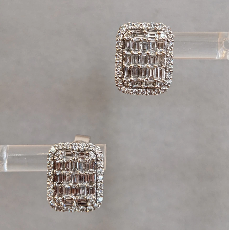 Aretes rectangulares de diamantes baguette en oro blanco de 14 k - HM2587I