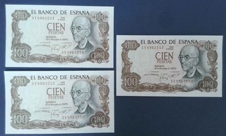 Trío correlativo sin circular de billetes de 100 pesetas de 1970. SC/UNC. P 152