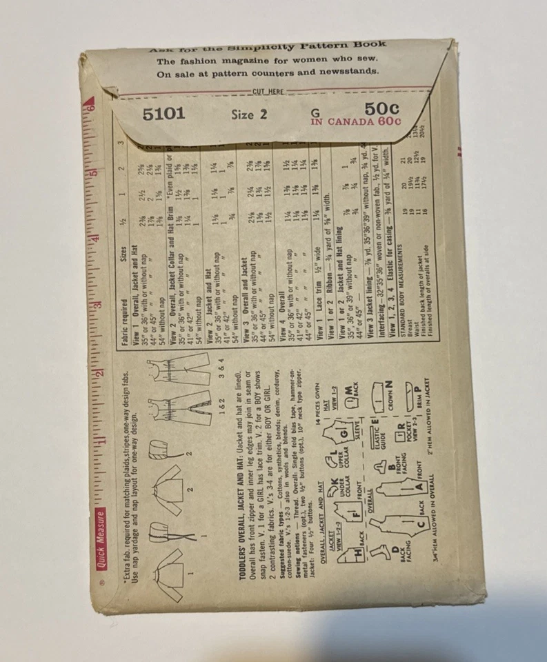 Vintage 1965 Simplicity 5101 Uncut Pattern: Toddlers Overall, Jacket & Hat - Image 2 of 2